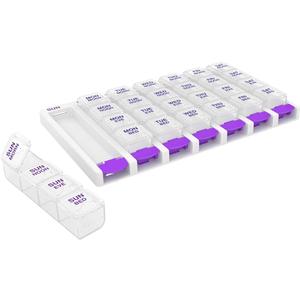 EZY DOSE Weekly (7 Day) 4 Times a Day Push Button Pill Organizer and Vitamin Planner, Removable Daily Pillboxes, Purple, Clear Lids, Small