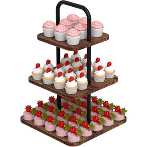 VyGrow Cupcake Stand, 3-Tier Dessert Stand for 32 Cupcakes, Wood & Metal Tower Display Premium Holder Dessert Tree Tower for Christmas Birthday Weddings Party Decor, Serving Tray, Wood Brown