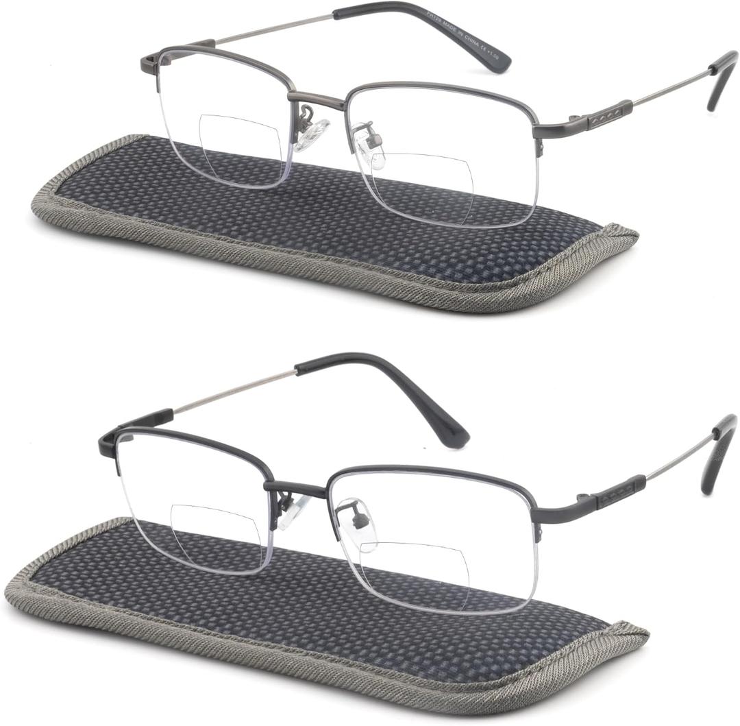 Bifocal Reading Glasses for Men, Half Metal Frame Flexible Titanium Arm Bi-focal Readers Blue Light Blocking Black +Gun Metal, +1.75