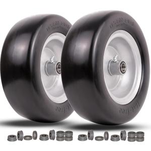 11x4.00-5 lawn mower tires flat free, Solid Smooth Tires and Wheel with 3/4" Precision bearings or 5/8" & 1/2", 3.4"-5.6" Centered Hub,for Zero-Turn Lawn Mowers, Extra Universal Adapter Kit (2 Pack)