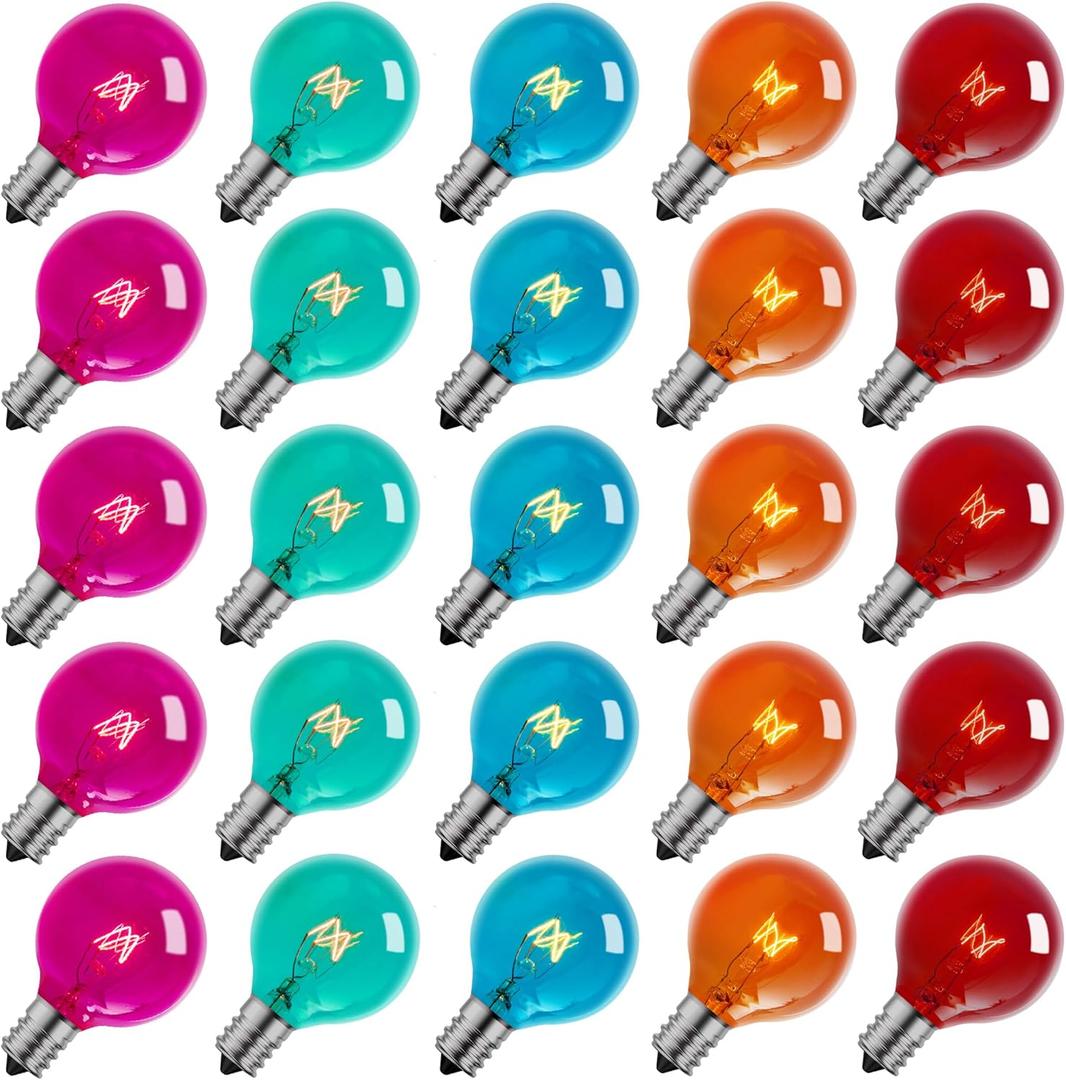 Brightown Multicolor G40 Christmas Replacement Light Bulbs, UL Listed 5 Watt E12 C7 Candelabra Base Glass Bulbs with Colorful Coating, Easily Screw in Strings Spools Strands, 25 Pack