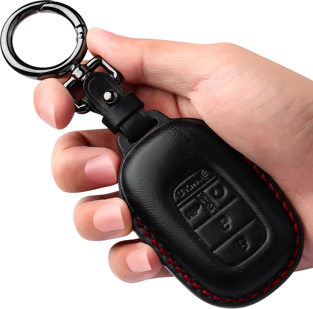 Tukellen for Honda Key Fob Cover Leather,with Keychain Compatible with 2022 2023 2024 2025 Accord Civic HR-V CR-V Pilot,5 Buttons smart Remote Key-Black(Red line)