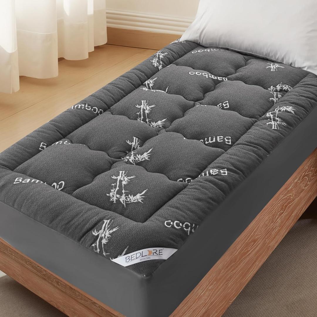 BEDLORE Twin XL Mattress Topper Viscose Derived from Bamboo, Thick Pillow Top Mattress Pad with Deep Pockets for 6-15 inches Mattress, Soft Mattress Topper College Dorm Size for Back Pain (Dark Gray)