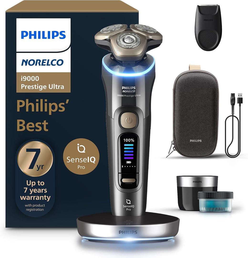 Philips Norelco Shaver i9000 Prestige Ultra, Wet & Dry Electric Shaver, Dark Slate, SenseIQ Pro Technology, Triple Lift & Cut System, 360 Rotating NanoTech Precision Blades, Quick Clean Pod, XP9402/86 (i9000 Prestige + Charge Stand, QCP & Trimmer, Black)