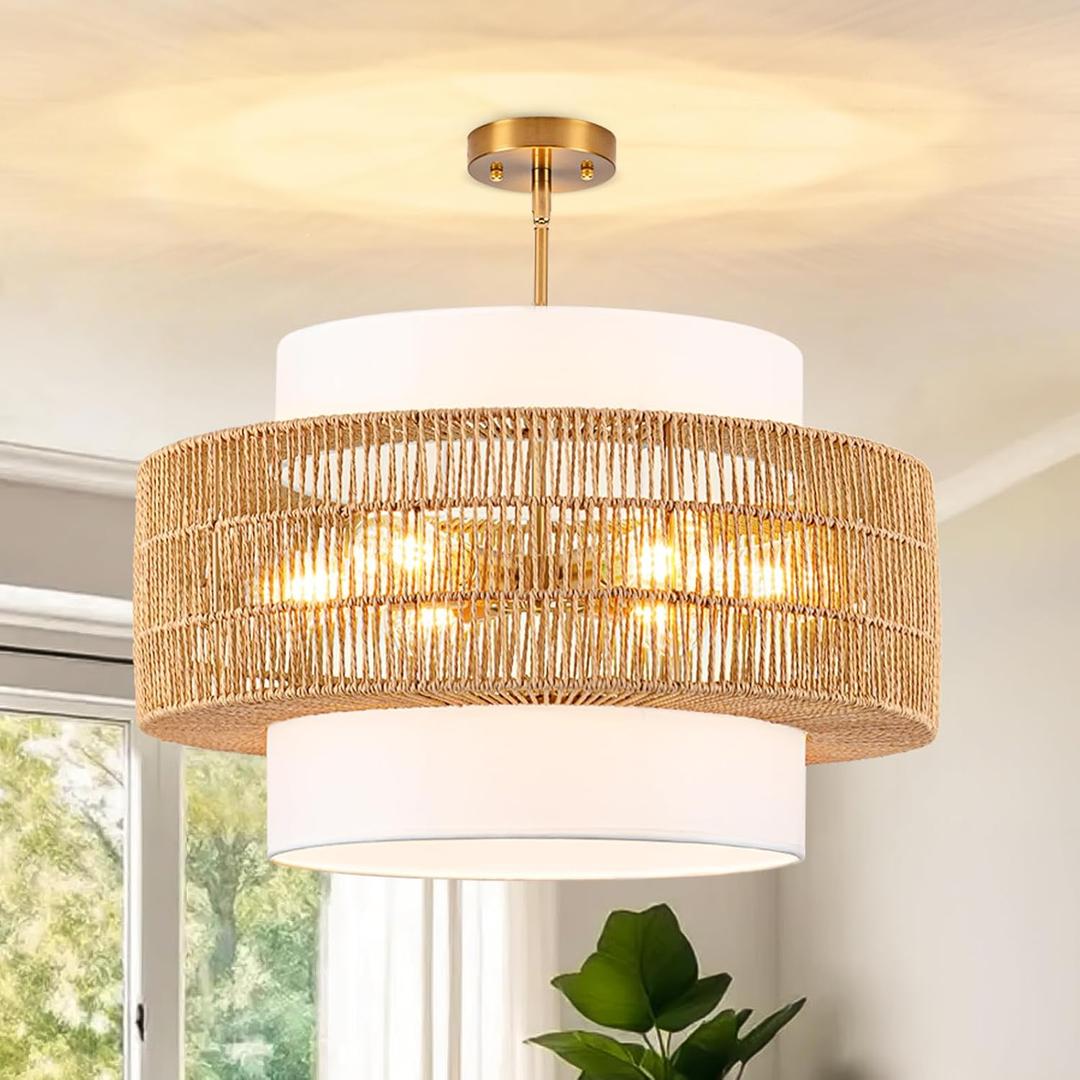 23.6" Rattan Light Fixtures Ceiling Mount, 6-Light Boho Flush Mount Ceiling Light with Fabric Lampshade, Hand Woven Rattan Chandelier for Dining Room Living Room Bedroom Kitchen Island Farmhouse Foyer