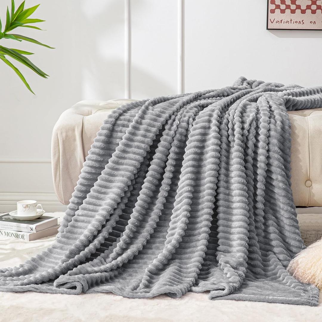 BEDELITE Fleece Throw Blanket for Couch 3D Ribbed Jacquard Soft and Warm Decorative Fuzzy Blanket Cozy, Fluffy, Plush Lightweight Grey Throw Blankets for Bed, Sofa, 50x60 inches
