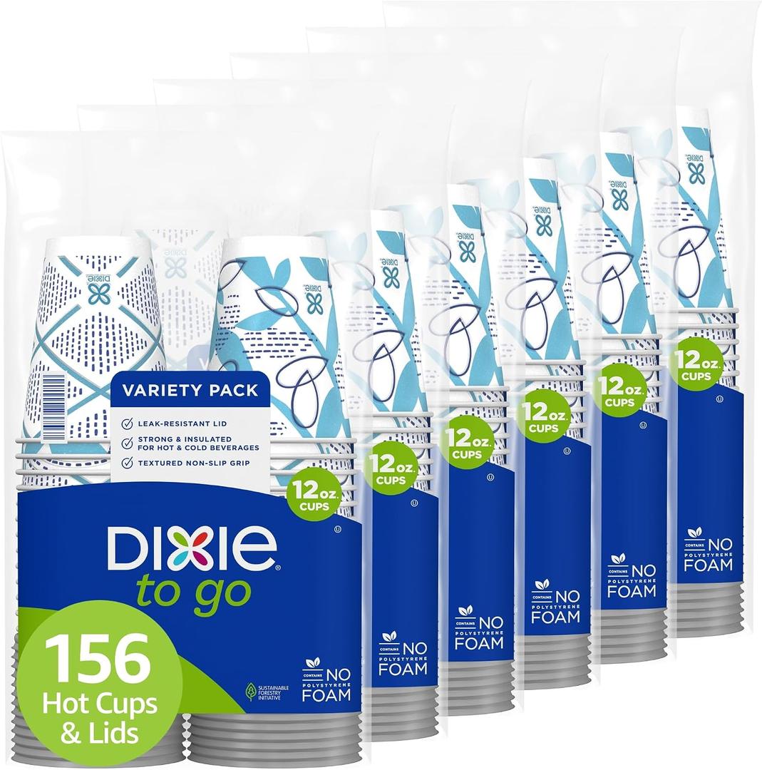 Dixie To Go Paper Coffee Cups With Lids, 12 oz, 156 Count (6 packs of 26 cups), Disposable Insulated Paper Cups for On-The-Go Hot or Cold Beverages