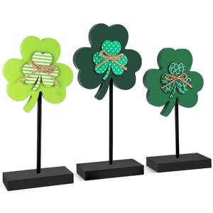 3 Pcs St. Patrick's Day Wooden Tabletop Large Shamrock Table Centerpiece Lucky Decor Shamrock Tall Freestanding Wood Block for Irish Tiered Tray Home Desk Office Party Decoration (A)