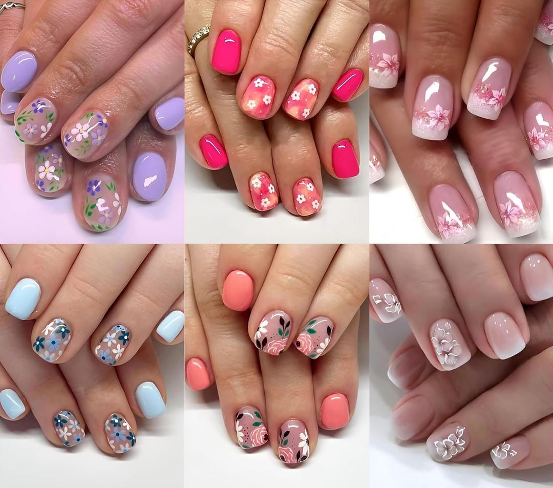 6 Packs (144Pcs) Flower Press on Nails Short Square Fake Nails with Daisy Design Flower False Nails Acrylic Nails Flower Nails Press ons Glossy Stick on Nails Full Cover Glue on Nails for Women Girls