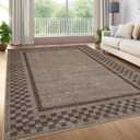 GarveeHome 4x6 Rug Small Washable Living Room Rug Modern Bordered Area Rugs with Rubber Backing Soft Non Slip Low Pile Dining Room Throw Carpet Checkered Geometric Mats for Bedroom Kitchen, Brown