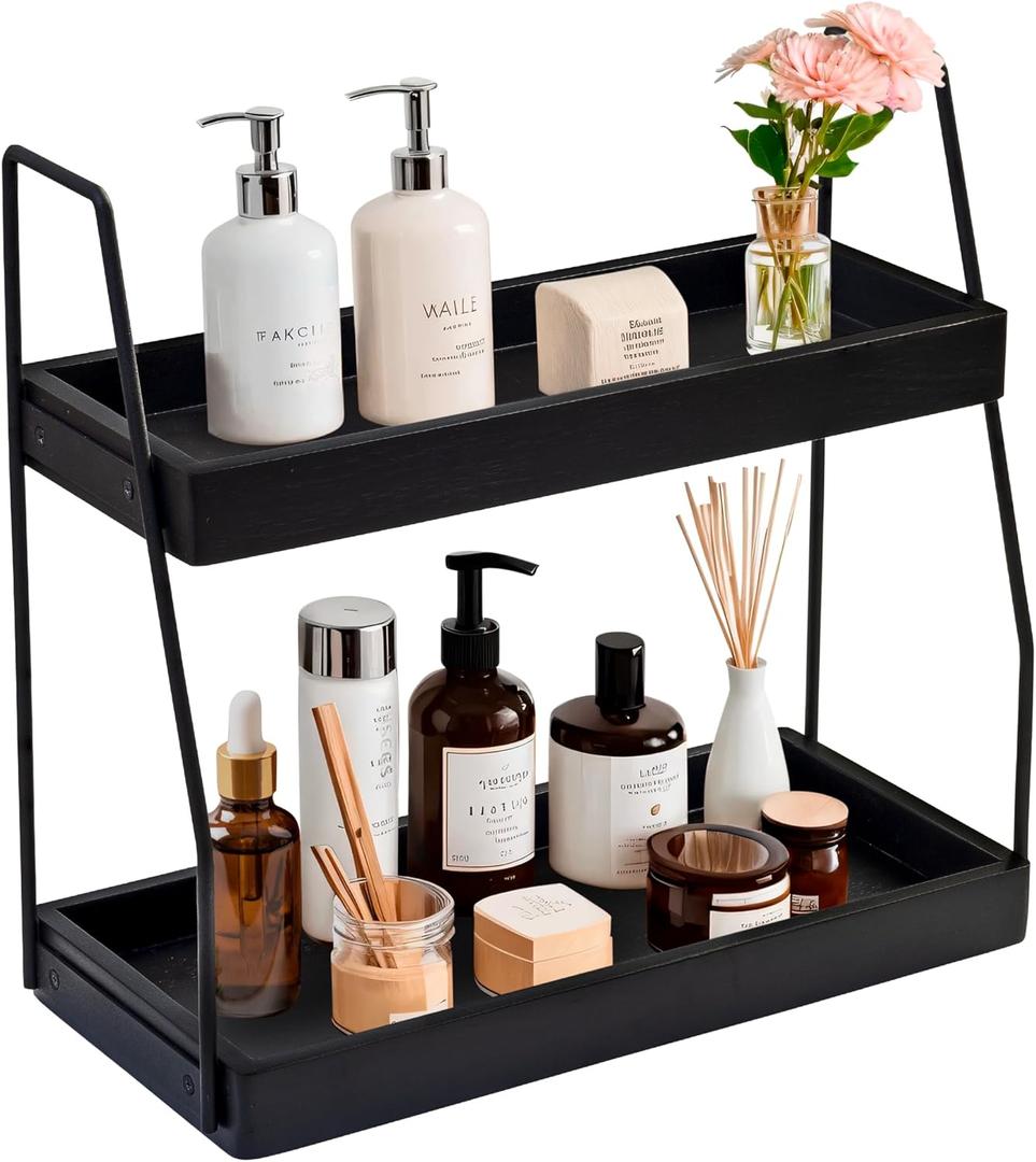 Acacia Bathroom Organizer Countertop 13.6 x 14 x 6.7 inches, 2-Tier Wood Counter Standing Rack, Countertop Storage Shelf for Organizing Bathroom Kitchen Office Desk Vanity Cosmetic Balcony (Black)