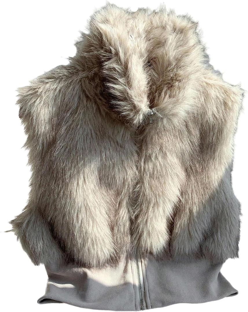 MakeMeChic Women's Faux Fur Vest Sweater Fuzzy Sleeveless Contrast Zip Up Fall Vest Jacket (Medium, Brown)