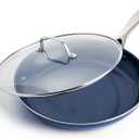 Blue Diamond 12" Nonstick Frying Pan with Lid, Diamond Infused PFAS & PTFE-Free Ceramic Skillet, Dishwasher & Oven Safe, Stay Cool Handle, Durable Non Toxic Metal Utensil Safe, Glass Lid, Blue