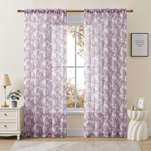 Sheer Floral Curtains 96 Inches Long 2 Panels for Bedroom French Rod Pocket Light Filtering Dreamy Lavender Flower Sheer Curtains for Living Room Girls Room Romantic Shabby Chic Window Drapes, 52x96
