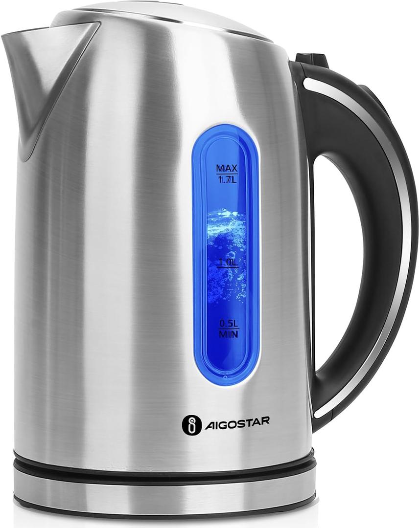 Aigostar King - Electric Kettle Stainless Steel, 1.7 Liter Cordless Tea Kettle, 1100W Hot Water Kettle with Auto Shut-Off, BPA-Free