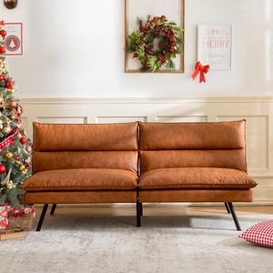 Futon Sofa Bed/Couch,3 Memory Foam Small Splitback Sofa,Faux Leather Modern Loveseat for Living Room,Apartment,Studio,Guest Room,Home Office,71" L (Brown)