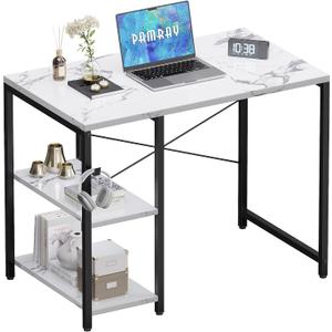 Pamray 32 Inch Small Computer Desk with Shelves, Home Office Desk with Headphone Hook for Bedroom, Study Writing PC Table for Small Spaces, Marble