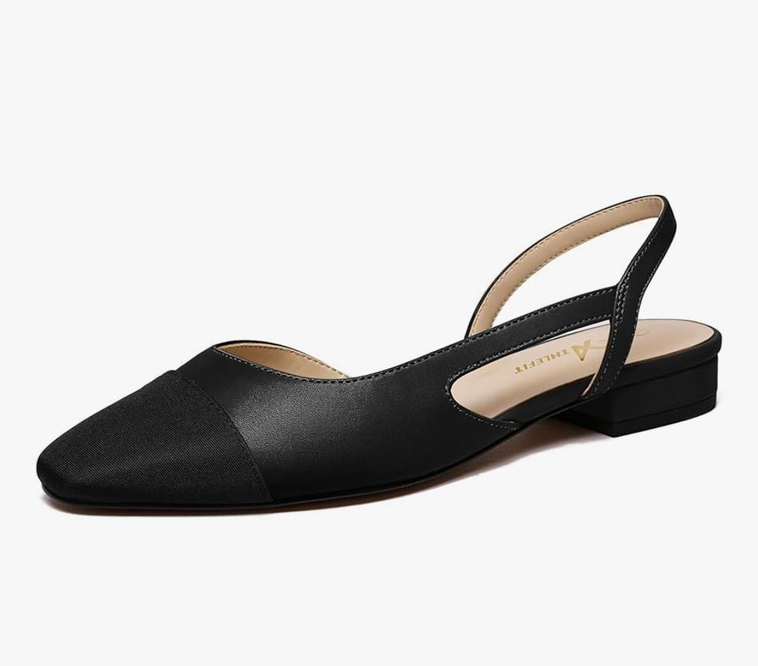 Athlefit Slingback Flats for Women Square Pointed Toe Two Toned Flats Wedding Pumps for Women Black, Size 7.5