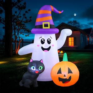 5FT Cute Halloween Inflatables Ghost, Blow Up Wizard Ghost with Pumpkin Black Cat for Garden Lawn Indoor Party Decor, Halloween Decorations Outdoor Inflatables