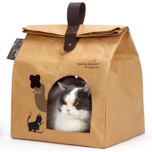 Washable Kraft Paper Cat House with 2PCS Scratching Pads Large Cat Scratching Board & Cat Scratcher Condo for Indoor Cats