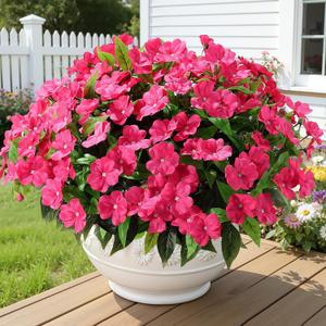 Alupssuc 8 Bundles Artificial Impatiens Flowers Faux Silk Plant for Indoor Outdoor Decor, UV Resistant No Fade Fake Spring Flowers for Porch, Yard, Patio, Window Box Decoration,Rosered