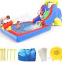 PicassoTiles KC108 Water Slide Park Inflatable Bouncing House w/Pool Area (Splash Zone), Climbing Wall, Shower Head Sprays Mounts, Water Cannon Mount and Heavy Duty GFCI ETL Certified 385W Blower
