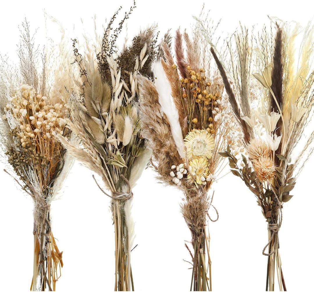 Layhit 4 Pack Large Size Boho Dried Flower Bouquet 15-17 Inch Wedding Handmade Dry Flowers for Vase Crafts DIY Photo Boutonniere for Men Floral Plant for Bridesmaid Gift Birthday Decor (Classic)