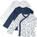 HonestBaby Baby 100% Organic Cotton Long Sleeve Side-Snap Kimono Tops (3 Pack) (3-6 Months, Compass Blue)
