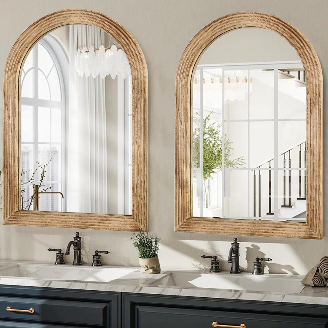 LOSOUR 2 Pack Arched Mirror, Farmhouse Decor Solid Wood Frame Bathroom Mirrors, Vintage Mirror for Bathroom, Living Room,Bedroom, Entryway, Hallway,Foyer (Brown, 2 Pack-36" x 24")