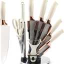 Knife Set, 9Pieces Stainless Steel Non Stick Kitchen Knife Block Set, Sharp Cutlery Knives Set with Sharpener Knives Set with Rotatable Storage Stand Scissors (White)