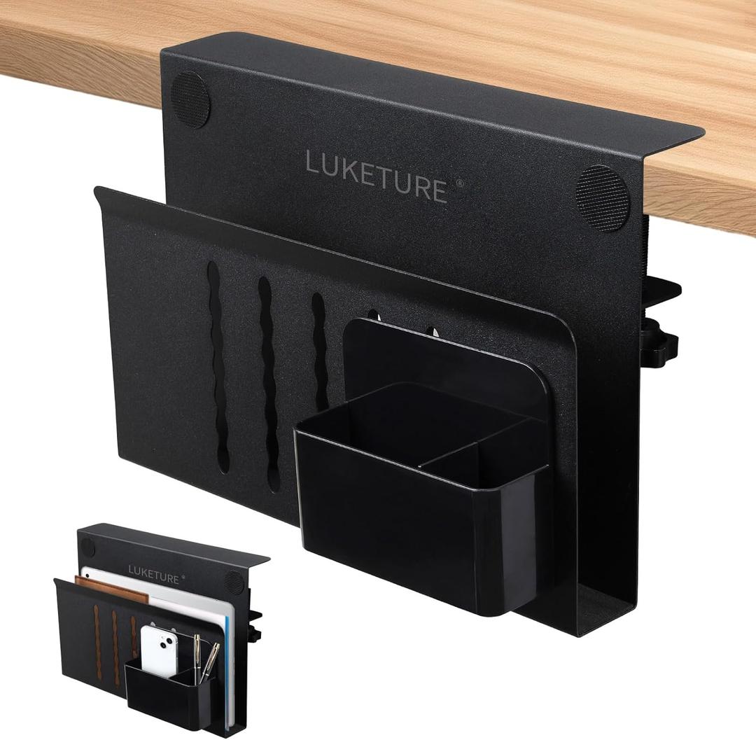 LUKETURE Desk Side Storage, Steel Side Desk Organizer, No Drill Laptop Holder, Clamp on Laptop Mount with Pen Holder, Table Hanging Storage for Home Office, Fits Flat Edge Tables 0.3" to 2.8" (M(1 Tier), Black)