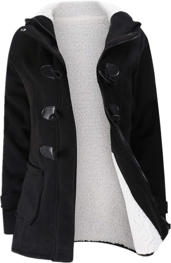 JiangWu Womens Fashion Horn Button Fleece Thicken Coat with Hood Winter Warm Jacket (Large, Black)