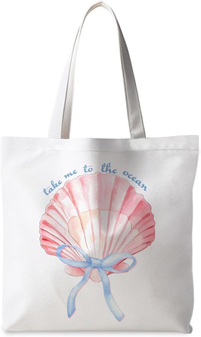 Ocean Beach Tote Bag, Coquette Bow Seashell Coastal Canvas Tote Bags for Women, Beach Gifts for Women, Gifts for Ocean Lovers, Preppy Pink Conch Beachy Reusable Grocery Shopping Bags