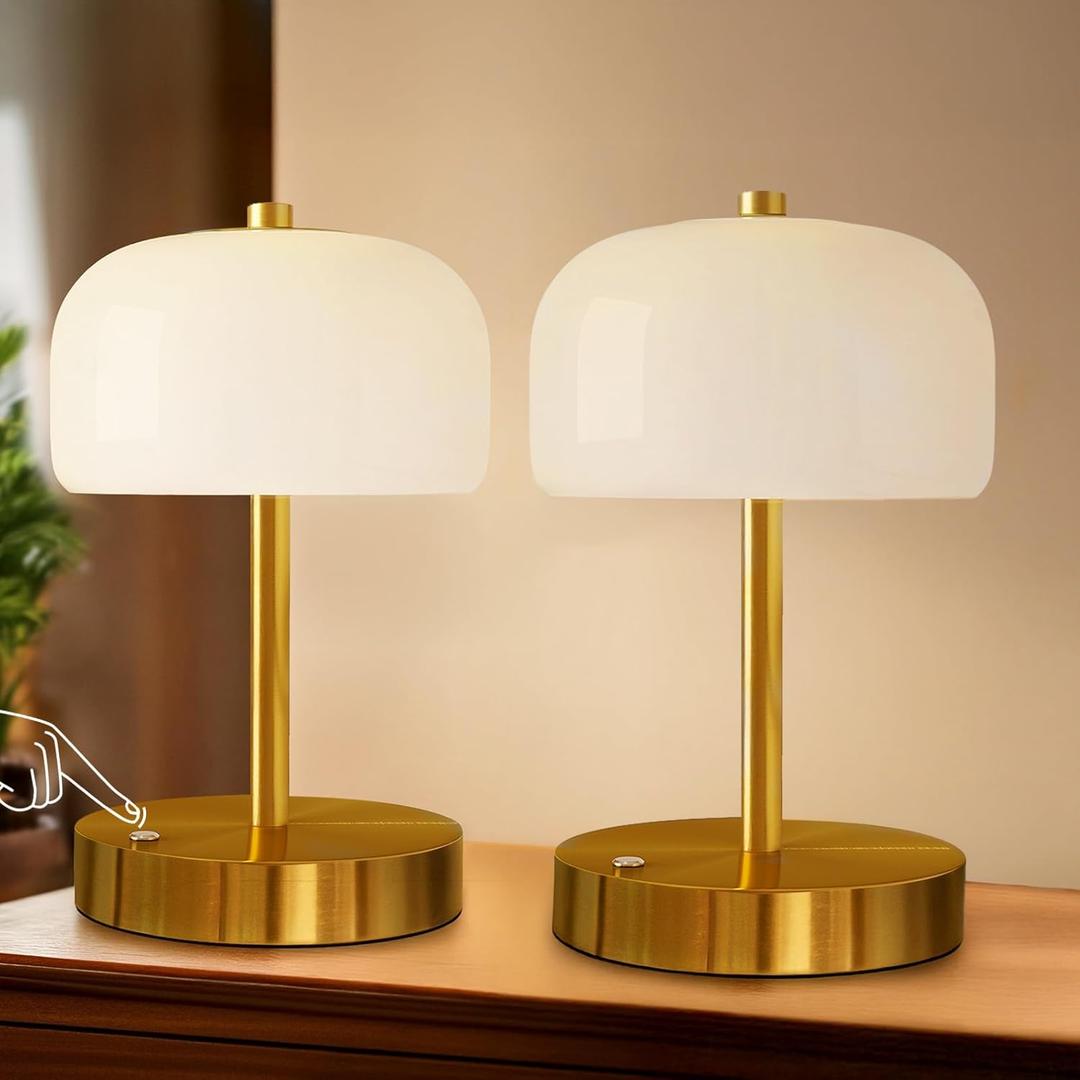 Oneach 9" Cordless Table Lamps Set of 2, Gold Rechargeable Battery Operated Lamp, 3-Way Stepless Dimming Touch Mushroom Lamps, Small Glass Nightlight for Bedroom Dining Table Living Room Shelf Decor