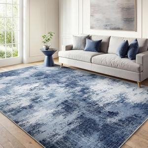 6x9 Area Rugs for Living Room, Modern Abstract Washable Rug with Non-Slip Backing & Low Pile Indoor Carpet for Nursery Room, Bedroom and Dinning Room, Dark Blue