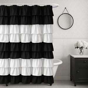 Seasonwood Ruffle Shower Curtain Black and White Shower Curtain Farmhouse Vintage Handcrafted Rustic Decorative Fabric Shower Curtains Girly Modern Bathroom Curtain, 72" x 72"