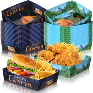 Ziliny 36 Pcs Camping Party Supplies 5 lbs Camping Adventure Nacho Boats Large Paper Serving Trays for Burger Fries Hot Dog Taco BBQ Popcorn Campfire Hiking Camper Theme Forest Nature Hiking Party