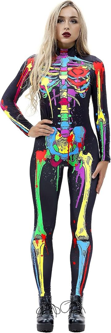 JomeDesign Womens 3D Skeleton Halloween Costumes Cosplay Jumpsuit Bodysuit (Medium, Colorful Skull)