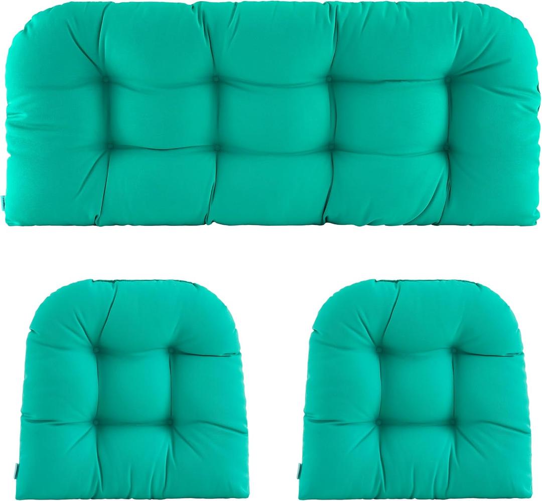 Wicker Chair Cushions of 3 Pieces Waterproof Tufted Outdoor Seat Cushions for Patio Furniture Sofa Settee Couch,1 Loveseat and 2 U-Shaped Cushions,Teal