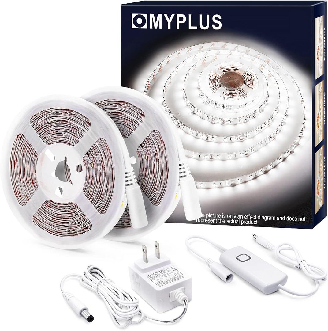 MYPLUS 32.8 FT White Strip Lights, Dimmable LED Tape Light 6500K Bright Daylight White, Flexible Under Cabinet Lights with 600 LEDs and UL Listed Safety Power Supply for Room,Kitchen and dcor