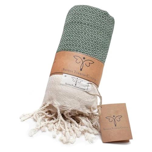 SMYRNA TURKISH COTTON Throw Blanket Vintage Series, Outdoor Blankets, Throws and Blankets for Couch, Sofa, Bed, Chair, Beach Picnic, Travel Boho Turkish Blanket Throw (Army Green, 50"x60")