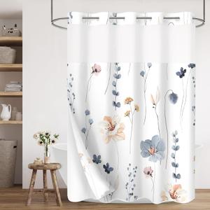 Gibelle No Hook Floral Shower Curtain with Snap-in Fabric Liner Set for Bathroom, Hotel Style Blue Beige Modern Flower Shower Curtain with See Through Top Window, Waterproof & Washable, 72x74