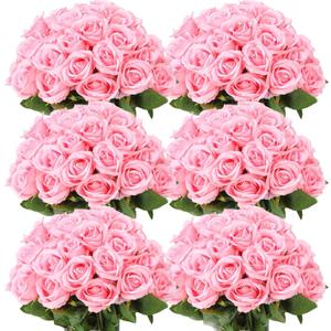 Jexine 50 Pcs Artificial Rose Flower Bulk Realistic Silk Fake Roses with Long Stem Plastic Artificial Flower Bouquet Real Looking for Home Wedding Centerpieces Party Decoration(Pink)
