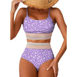 Herseas Women's High Waisted Bikini Sets 2 Piece Tummy Control Swimsuits Full Coverage Bathing Suit Summer Beach Swim Wear (Purple, S)