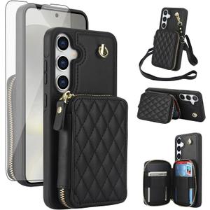 Phone Case for Samsung Galaxy S24 5G Wallet Cell Cover with Tempered Glass Screen Protector Wrist Crossbody Strap Lanyard Stand RFID Blocking Credit Card Holder S 24 24S G5 SM-S921U Women Girls Black