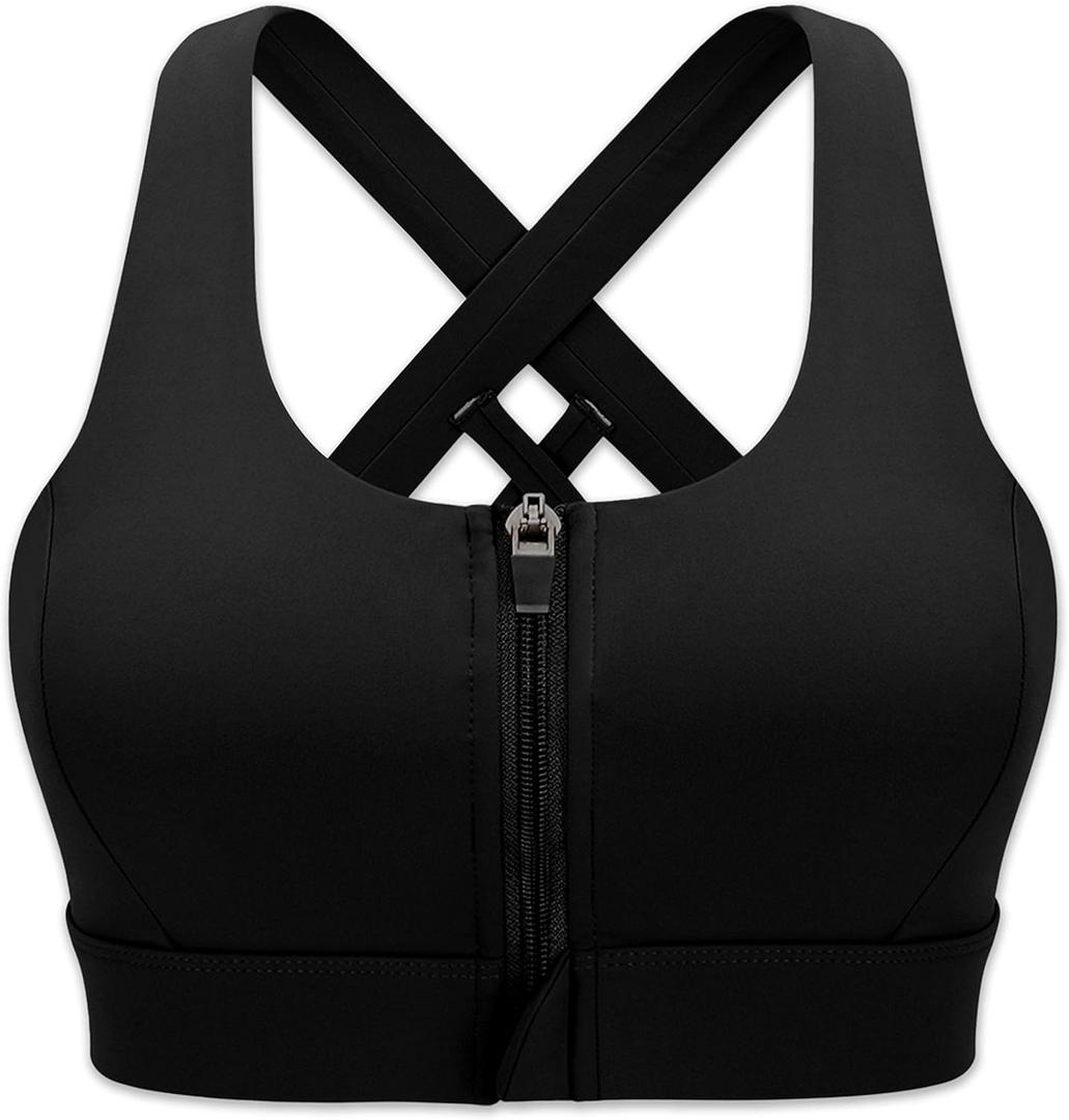 Cordaw Zipper in Front Sports Bra High Impact Strappy Back Support Workout Top (3X-Large, 1-Zipper Black)