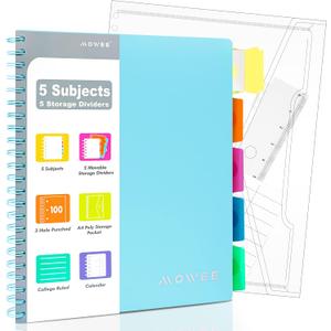 Spiral Notebook - 5 Subject Notebook, College Ruled Notebook 3-Hole Punched With Dividers, Storage Pockets, 11" Ruler, 200 Pages, for Writing Journal, Home &Office, School Supplies, A4, Baby (Navy)