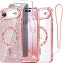 Meifigno Designed for iPhone Air Case 6.5", [Glitter Card & Wrist Strap] [Compatible with MagSafe] [1X HD+1X Privacy Screen Protectors] Lens Protection Slim Case Designed for iPhone 17 Air, Rose Gold