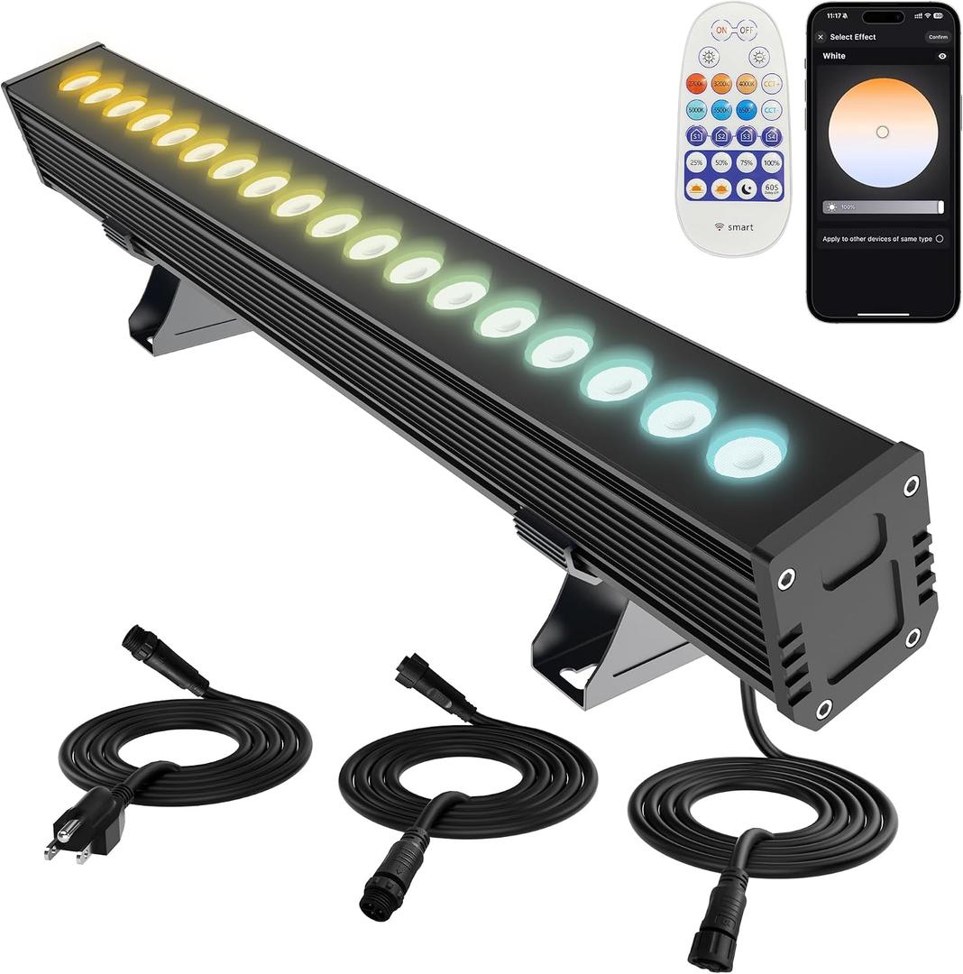 LED Wall Washer Light Bar, Tunable White 2700K-6500K, Smart WiFi App and RF Remote, Smooth Dimming, 8 Modes, Linkable 20in IP65, AC120V Plug-in for Porch Patio Sign, 20" 36W Tunable White
