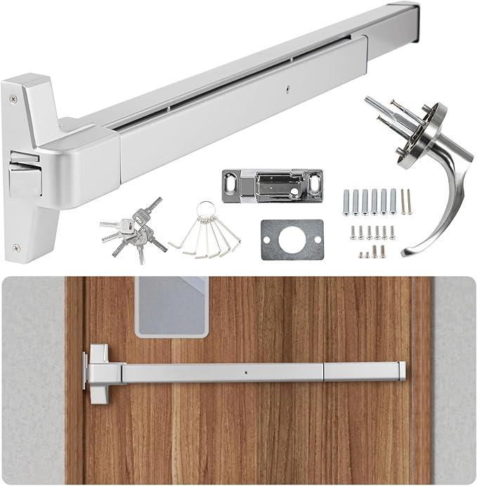 BEAMNOVA 32" Commercial Door Push Bar Panic Exit Device Exterior Lever Lock Key Allen Key 2-in-1 Set Roller Strike Plate End Cap, for 32.5" to 47.2" Wide Door, Metallic
